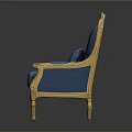 Luxurious Blue Armchair With Gold Ornate Carvings On Frame And Soft Cushion