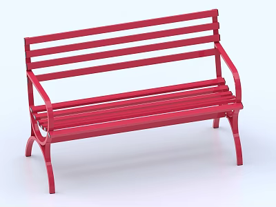 Red Public Bench With Metal Slatted Back And Armrests For Outdoor Spaces 3d model