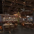 Warm Restaurant Interior With Wooden Ceiling Pendant Lights Dining Tables And Leather Booth Seats