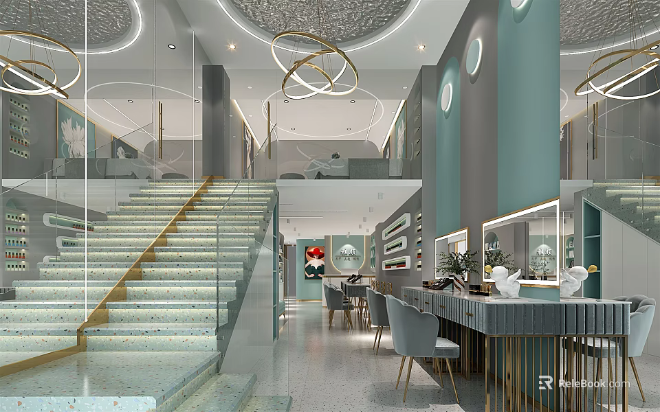 Modern Beauty Salon Interior With Glass Staircase Mirrors Chandeliers And Workstations 3d model 