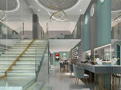 Modern Beauty Salon Interior With Glass Staircase Mirrors Chandeliers And Workstations 3d model