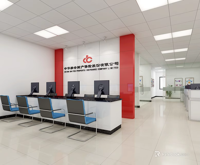Modern Service Hall Interior With Service Counters Computers And Blue Chairs 3d model