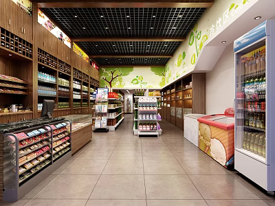 Grocery Supermarket Interior With Organized Shelves Refrigerators And Product Displays On Tile Floor 3d model