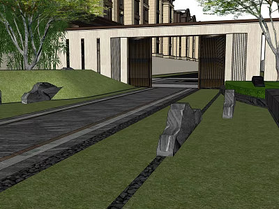 Modern Garden Landscape With Stone Pathway Lawn Decorative Stones Trees And Entrance Structure 3d model