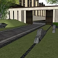 Modern Garden Landscape With Stone Pathway Lawn Decorative Stones Trees And Entrance Structure