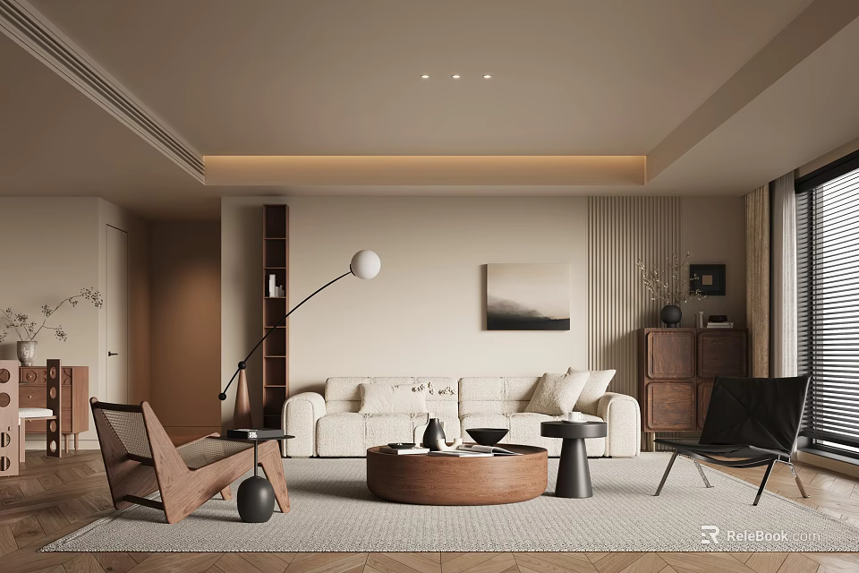 Modern Living Room Interior Design With Beige Sofa Round Wooden Coffee Table And Floor Lamp 3d model 