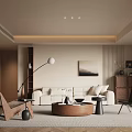 Modern Living Room Interior Design With Beige Sofa Round Wooden Coffee Table And Floor Lamp