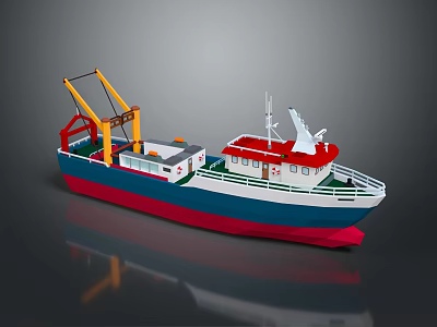 Wooden Boat With Yellow Crane Red Top Blue White Red Hull And White Superstructure 3d model