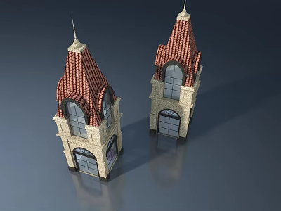 Swing Door Design For Traditional Tower With Red Tiled Roof And Arch Windows 3d model