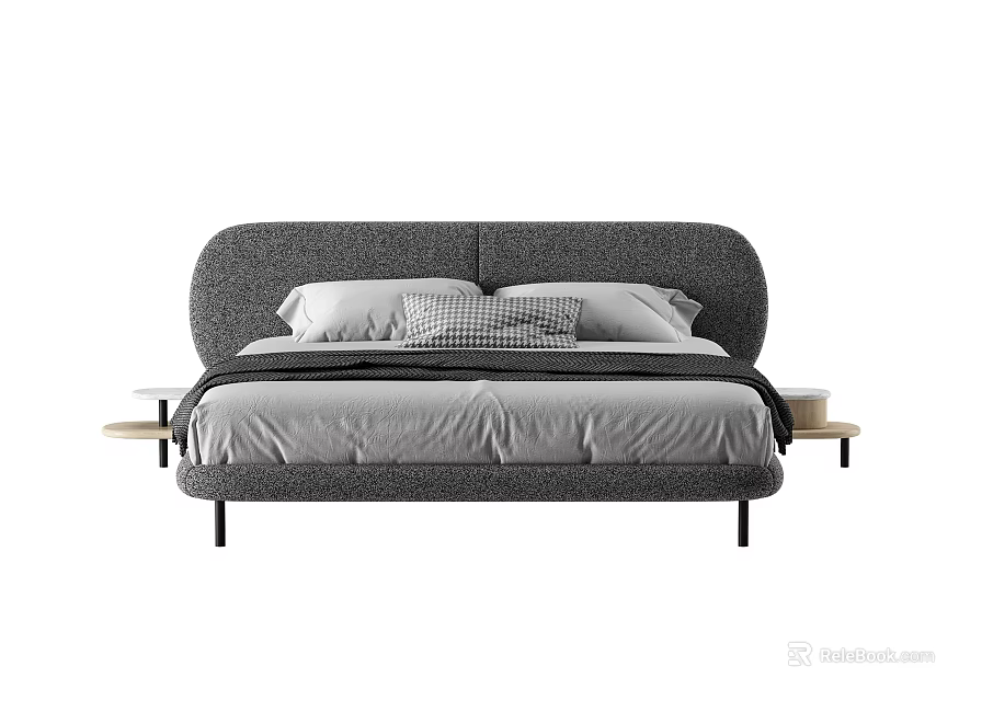 Modern Upholstered Double Bed With Curved Gray Headboard White Pillows And Wooden Side Tables 3d model 
