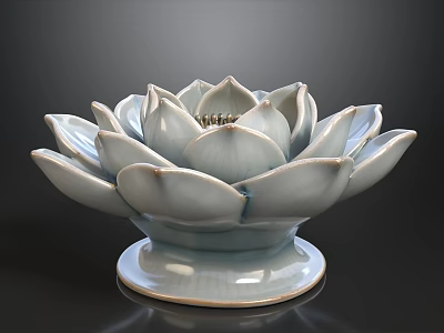 Lotus Shaped Ceramic Decorative Ornament Set With Light Blue Petals And Base For Home Decor 3d model