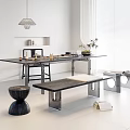 Modern Tea Table and Chairs with Metal Frame and Pendant Lamp in Minimalist Interior
