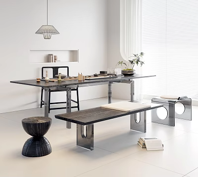 Modern Tea Table and Chairs with Metal Frame and Pendant Lamp in Minimalist Interior 3d model
