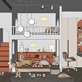Kids Room With Loft Bed Cloud Decor Wooden Shelves Study Desk Pastel Gray Play Mat