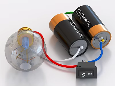Transparent Light Bulb Connected with Batteries Small Switch and Colored Wires 3d model