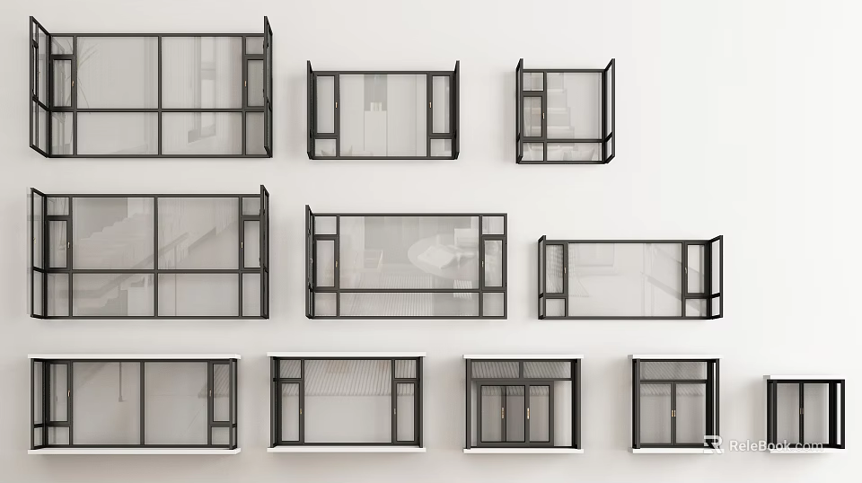 Various Modern Floor to Ceiling Windows Designs With Black Frames And Interior Views 3d model