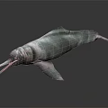 Green Dolphin-like Marine Creature with Long Snout and Streamlined Body on Dark Reflective Surface