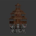 Cartoon Scene Featuring Wooden Tiered Tower With Balconies And Mechanical Base Green Light Beam
