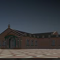 Historic Red Brick Hotel Building With Arched Windows Spire And Front Plaza Design