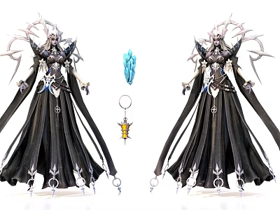 Game Fantasy Characters in Black Robes with Silver Details Holding Crystal Artifact and Golden Accessory 3d model