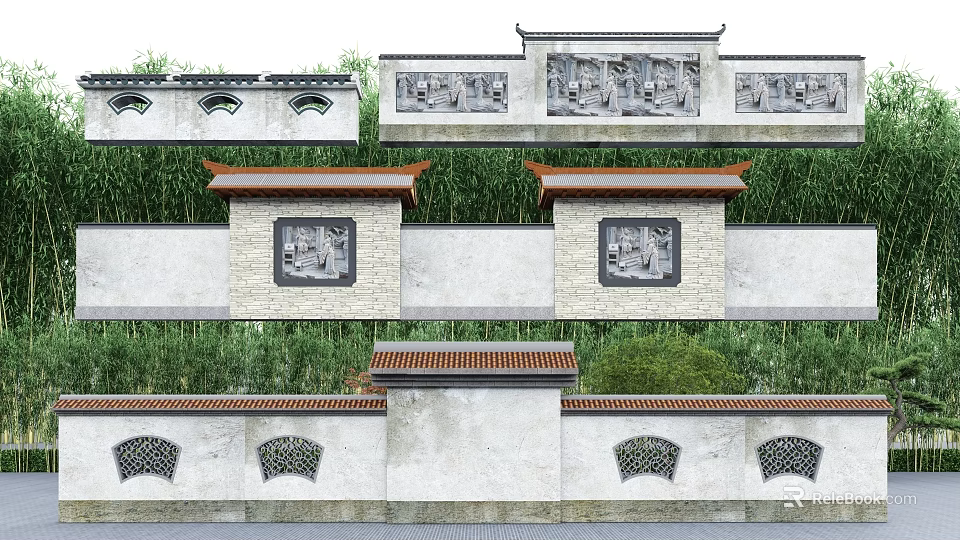 Traditional Chinese Chess Entertainment In Courtyard With Relief Walls And Tile Roofs 3d model 