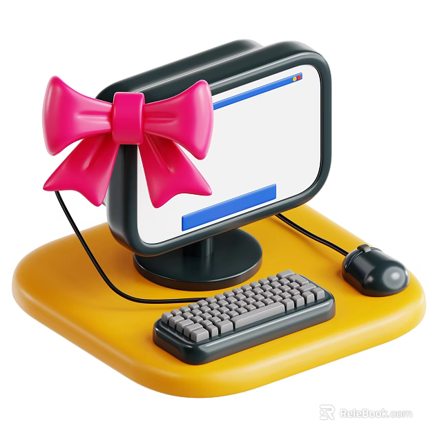 Cute Computer Setup With Pink Bow Yellow Base Keyboard Mouse And Blue Screen Lines 3d model 