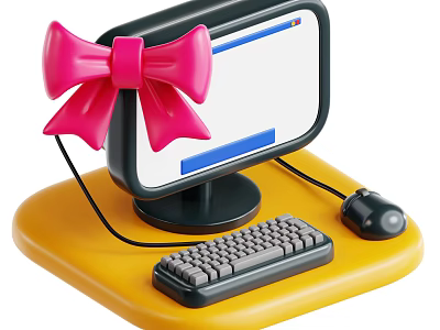 Cute Computer Setup With Pink Bow Yellow Base Keyboard Mouse And Blue Screen Lines 3d model