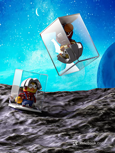 Astronaut And Robot Toy Figures In Transparent Cubes With Space Background Rocky Surface 3d model 