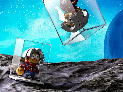 Astronaut And Robot Toy Figures In Transparent Cubes With Space Background Rocky Surface 3d model