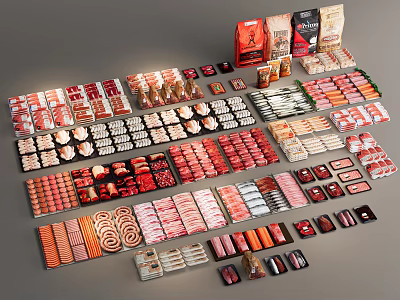Assorted Packaged Food Products With Various Shapes Colors And Packaging Designs 3d model