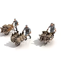 Three Game Movie Characters In Gray Uniforms Pushing Wheelbarrows Loaded With Sacks
