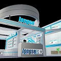 Modern Exhibition Booth Design With Curved Structure Display Cabinets And Digital Screens