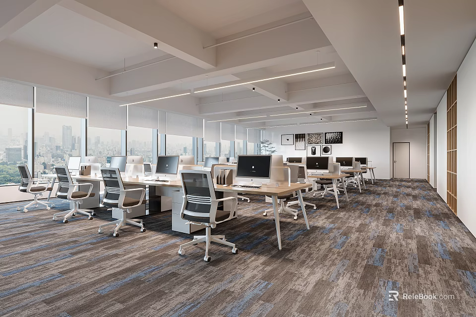 Modern Open Public Office Space With Workstations Chairs Large Windows City View Lighting Carpeted Floor 3d model 