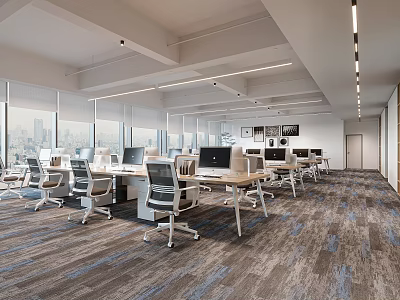 Modern Open Public Office Space With Workstations Chairs Large Windows City View Lighting Carpeted Floor 3d model