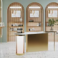 Elegant Luxury Boutique Interior With Arched Display Shelves Marble Counter And Green Plants