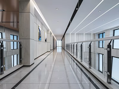 Modern Glass Railings In Spacious Corridor With Marble Floor And Lighting 3d model
