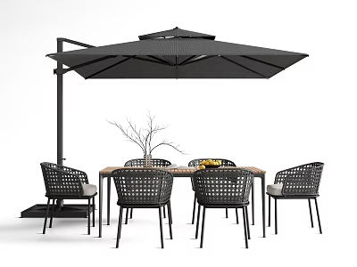 Stylish Outdoor Table with Wicker Chairs Black Umbrella and Fruit on Wooden Top 3d model