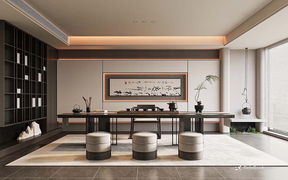 Traditional Tea Room Interior Design With Wooden Table Round Stools And Calligraphy Painting 3d model 