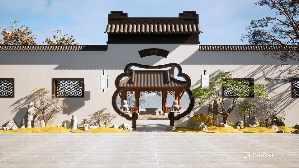 Chinese Style Scenic Wall With Tile Roof Circular Doorway Lattice Windows And Pavilion View 3d model 