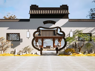 Chinese Style Scenic Wall With Tile Roof Circular Doorway Lattice Windows And Pavilion View 3d model