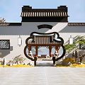 Chinese Style Scenic Wall With Tile Roof Circular Doorway Lattice Windows And Pavilion View