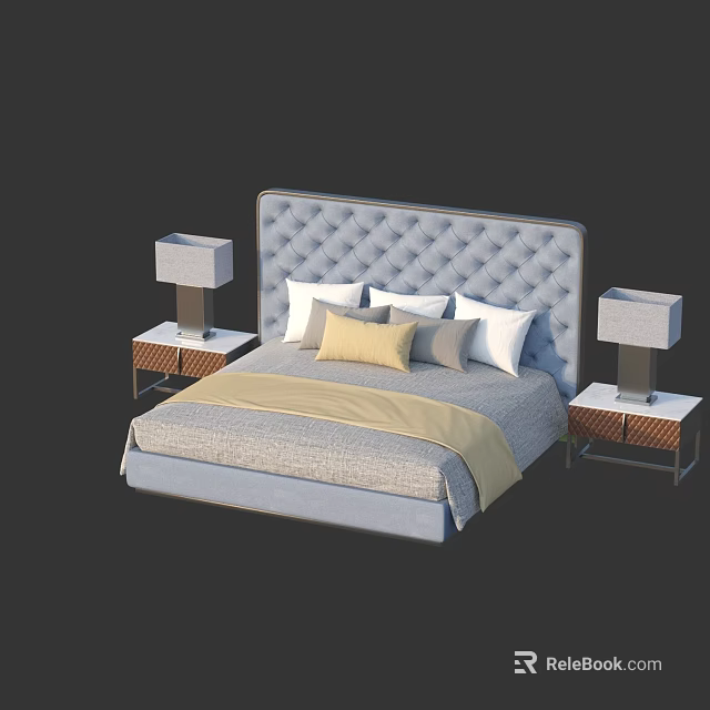 Double Bed with Grey Tufted Headboard Multiple Pillows Bed Runner Nightstands and Table Lamps 3d model