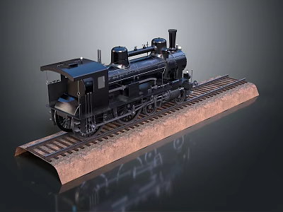 Detailed Black Vintage Steam Train Model on Brown Railway Track 3d model
