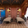 Traditional Restaurant Interior With Wooden Ceiling Chandeliers Long Tables And Patterned Floor