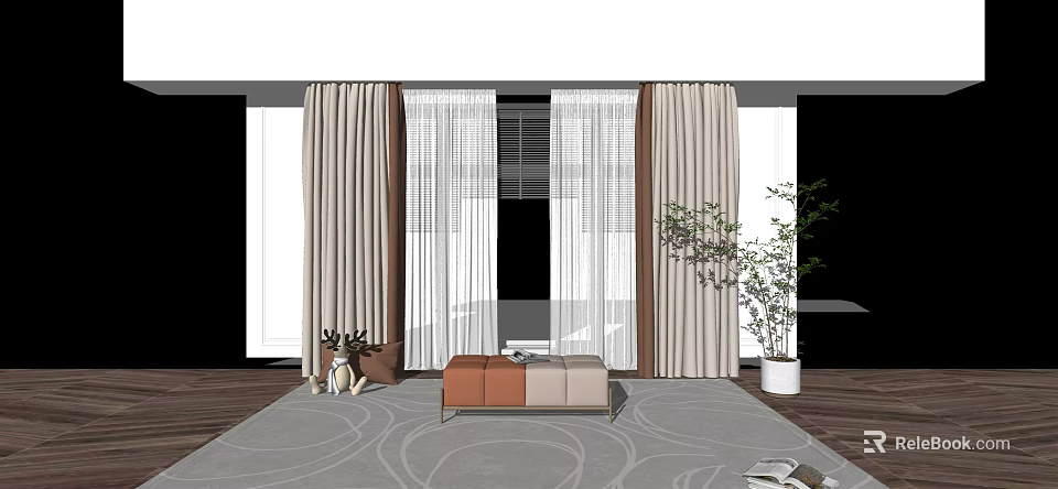 Layered Beige Curtains With Sheer Panels In Modern Living Room With Plants 3d model 