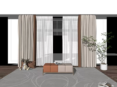 Layered Beige Curtains With Sheer Panels In Modern Living Room With Plants 3d model