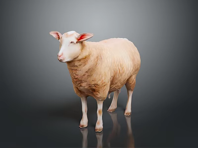White Wool Sheep Standing With Pink Ears On Dark Reflective Surface 3d model
