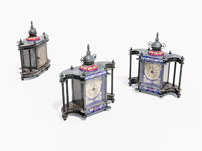 Three Vintage Antique Clocks With Metal Frames Decorative Spires And Colorful Dials 3d model