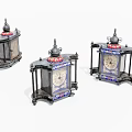 Three Vintage Antique Clocks With Metal Frames Decorative Spires And Colorful Dials