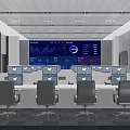 Modern Control Room Interior With Multiple Computer Screens And Data Display Wall 3d model